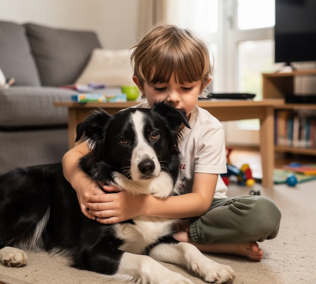 Un niño y su mascota en casa