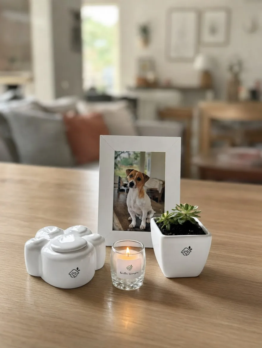 Homenaje de Regazo sobre una mesa de madera, con la foto de un jack russell